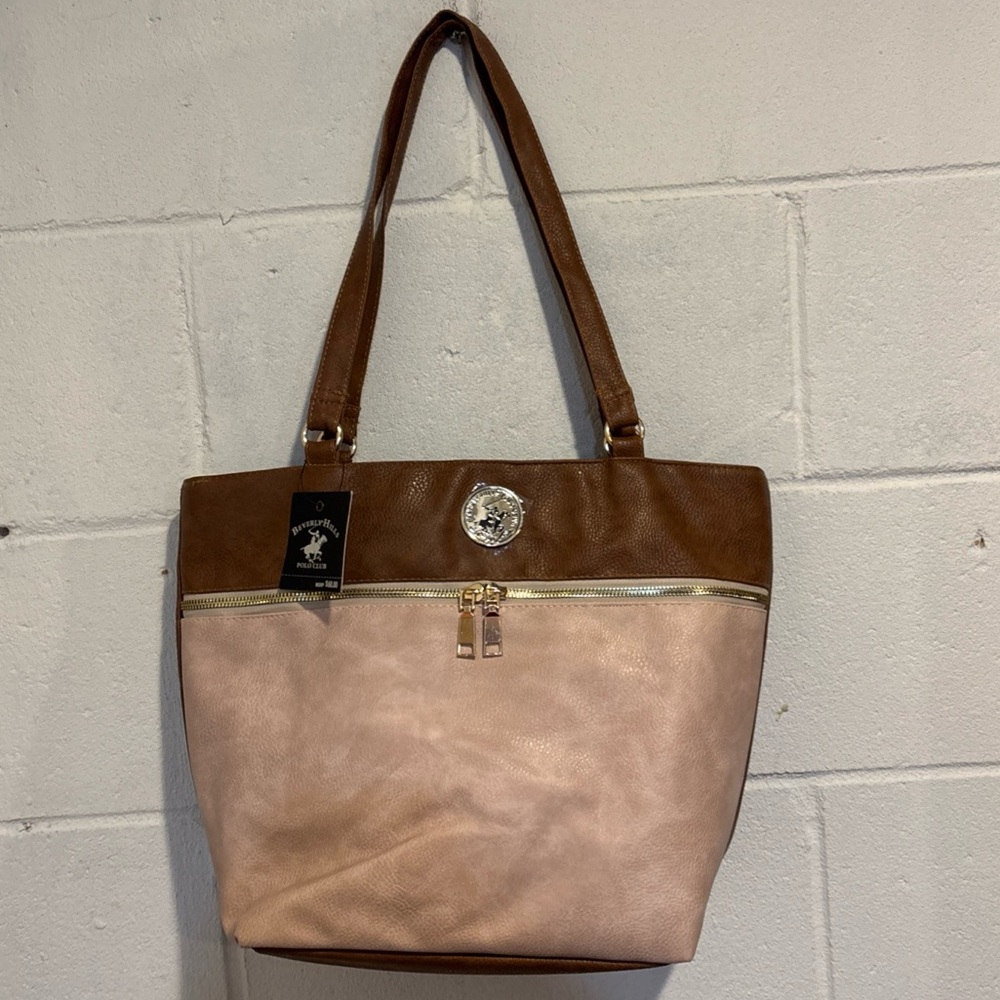 Beverly Hills Polo Club tote bag brown pink faux leather vegan friendly size L